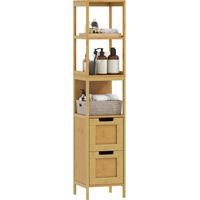 Armoire de salle de bain haute avec 3 étagères et 2 tiroirs, bambou, style moderne, 30 x 30 x 144,3 cm, naturel