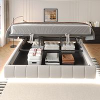 Lit capitonné 180 x 200 cm avec LED, sommier hydraulique + rangement, lit enfant / adulte, design moderne, couleur beige