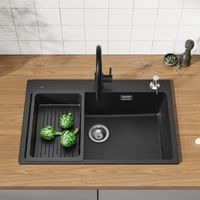 CECIPA MAX Fregadero de granito de 70 x 45 cm, fregadero de encimera con dispensador de jabón y escurridor Fregadero de cocina de granito Incluye sifón, desagüe y conexión de rebosadero