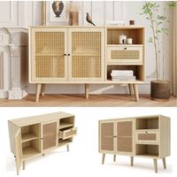 Buffet commode 1 tiroir 2 portes magnétiques osier rotin portes pieds bois massif poignée arc métal noir étagères réglables chêne 120