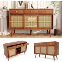 Sideboard, Kommode mit 3 Schubladen und 3 Schiebetüren, Rattangeflecht auf den Türfronten, Beine aus massivem Holz, Golden Metall Bügelgriff,verstellbare Ablagen,nussbaumfarben,120x 40x78cm