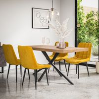 Donni Dining Table And Chairs - Oak Effect Table Top w Black Legs + Nova Velvet Dining Chair Set Of 6 (Mustard)