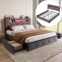 Lit double 160x200 cm - Lit pour adultes en velours, avec 4 tiroirs de rangement, éclairage LED, port USB et étagère dans la tête de lit - Structure en métal et sommier à lattes - Gris
