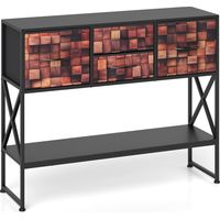 Mesa consola con 4 cajones de tela, estructura metálica y mosaico de madera.