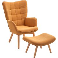 AS EASY Fauteuil avec pouf, fauteuil à oreilles avec haut dossier, pieds en bois, fauteuil de lounge avec capitonnage, aspect cord, pour salon, Brun