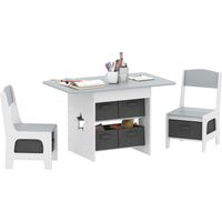 Set Tavolo e Sedie per Bambini 3-8 Anni con 6 Cassetti e Bordi Arrotondati, in Legno e Tessuto, Grigio e Bianco