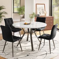 Set tavolo rotondo 100×75 cm (5 pezzi) con piano in MDF effetto marmo bianco e gambe in metallo nero + 4 sedie in velluto nero