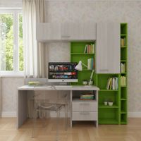 Angolo studio multifunzionale con libreria a profondità variabile e cassettiera integrata - Rovere rock e Verde mela