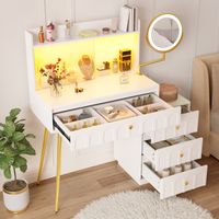 Coiffeuse avec miroir led pivotant, portes coulissantes en verre et 4 tiroirs, blanc, 112x34,5x116 cm