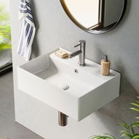 HOROW Lavabo in ceramica, sospeso, Bianco, lavabo per ospiti, lavabo sospeso o da appoggio con foro per rubinetto e troppopieno, 45 x 31 x 13,5 cm