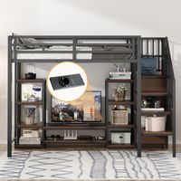 Hochbett Einzelbett mit TV-Halterung, Steckdose und Aufbewahrungsleiter, 90×200 cm, ohne Matratze, Schwarz