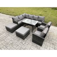Fimous Outdoor Gartenmöbel-Set Ecksofa Set mit Länglicher Esstisch 2 Großer Hockern 2 Sesseln Dunkelgrau gemischt