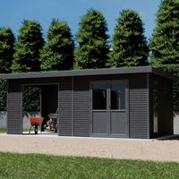 Abri de jardin en bois composite 28mm – Surface 18m² – Toit simple pente – Design moderne avec auvent 9m² – Fenêtre en verre trempé