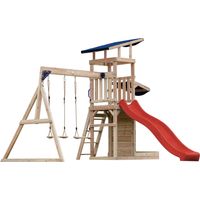 Axi Malik Aire De Jeux En Bois Avec 2 Balançoires, Toboggan Rouge/ Aire De Jeux Extérieur, Bac À Sable, Mûr De Jeux/Toboggan Avec Raccordement À Eau Portique Balançoire/Jeux En Bois Extérieur