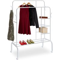 Relaxdays Kleiderständer, Doppelstange mit Rollen & Regalen, HxBxT: 154x110x55cm, stabil, Garderobe Metall, weiß