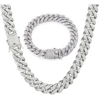 Mens Cuban Link Chain Miami Cuban Necklace Bracelet Bling Diamond Chain for Mens Women