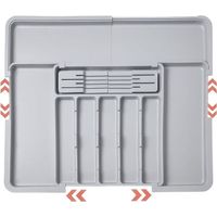 Cutlery Tray, Expandable Cutlery Storage, Kitchen Drawer with 2 Removable Knife Blocks and 9 Compartments, Expandable Cutlery Tray, Grey