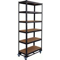 Relaxdays Estantería para cargas pesadas con ruedas 209x90x40 cm, 900 kg, 6 baldas, acero, negra