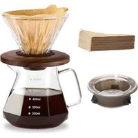 Cafetera de filtro manual, jarra de vidrio de borosilicato de 600 ml con 100 filtros de papel tamaño 02, mango de nogal y tapa de vidrio transparente