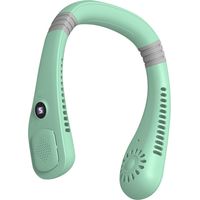 Ventilateur de cou portable mains libres sans pales, rechargeable par USB, silencieux et pliable, avec 5 vitesses et affichage numérique vert clair.
