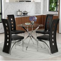 Ensemble table et chaises en verre trempé et PU noir, 4 places, design moderne