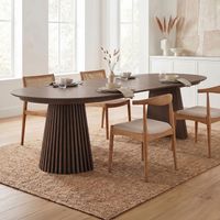 M&S – Table à manger ronde extensible 120-300 cm – 4 allonges incluses – Placage chêne brun – Piétement central pour stabilité