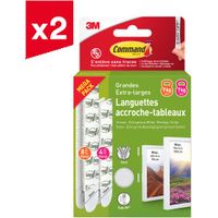 Lot de 2 languettes accroches tableaux Command™, blanches, larges (L) et extra larges (XL) pour cadres lourds pesant 7,2 kg et 9 kg, 4 paires L+8 paires XL, 12 paires
