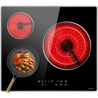 NOXTON Plaque de cuisson en céramique intégrée 3 feux, Table de cuisson électrique en verre cristal noir avec commande tactile, Minuterie, verrouillage pour enfants, 5700w, pas de prise incluse