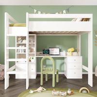 Lit mezzanine enfant 90x200 cm avec bureau USB-C, armoire et meuble de rangement, lit simple avec escalier, sommier à lattes et rangements (sans matelas)