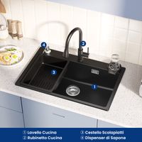 Set lavello da cucina in granito 70×45 cm con rubinetto estraibile a due funzioni, scolapiatti e dispenser di sapone, lavello da appoggio adatto per mobili di oltre 80 cm