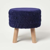 HOMESCAPES Lyla Blue Pleated Velvet Footstool, 40 cm Tall