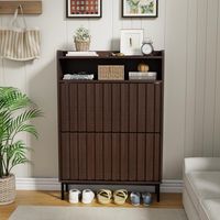 UEV Armoire à Chaussures, Meuble à Chaussures Inclinable, 3 Compartiments (2 Rangements Chaussure+1 Étagère Ouvert), Motif de Ligne, Étagères Réglable et Amovibles, 80 x 24 x 117 cm, Brun