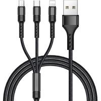 Câble multi USB 3 en 1 nylon tressé – Connecteurs Micro USB et Type C – Charge simultanée jusqu'à 5V/2A – Longueur 1.2m (Noir)