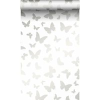 papier peint papillons blanc mat et argent brillant - Origin Wallcoverings