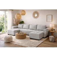 Canapé d’angle panoramique convertible ZENIA en tissu – 5 places - 330 cm - Gris