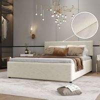 Lit velours côtelé beige 160x200 avec coffre de rangement – Tête de lit réglable – Lit à lattes – Structure robuste en métal et bois – Meubler Design