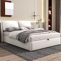Letto tappezzato in velluto beige 140x190 cm con contenitore idraulico, 3 cassetti e testiera