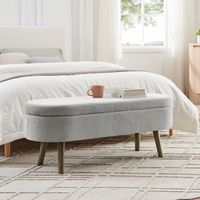 Bettbank 110 cm aus Chenille, Sitzbank mit 20-Liter-Stauraum, klappbarem Deckel und Massivholzfüßen, für Schlafzimmer, Wohnzimmer und Flur – Hellgrau