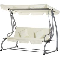 Dondolo letto giardino 3 posti con tetto regolabile e 2 portabicchieri, 200x120x164 cm, crema