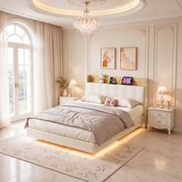 Bett für Erwachsene 140 x 200 cm, Hängebett, verstellbare LED-Beleuchtung, Stauraum im Kopfteil, USB-Anschluss, Lattenrost, modernes, komfortables Design