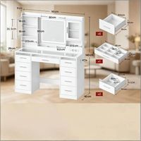 Coiffeuse moderne, table de toilette avec plateau en verre trempé, bureau avec compartiments ouverts (table de maquillage uniquement)