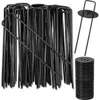 Befestigungsstifte, Gartenstifte aus Kohlenstoffstahl, 40 schwarze Stifte + 40 schwarze Unterlegscheiben, Heringe für Kunstrasen, Zäune, Planen, Gras, H150mm, B25mm, Ø2,8 mm