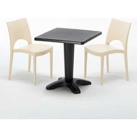 Tavolino Quadrato Nero 70x70 cm con 2 Sedie Colorate Paris Aia - Beige