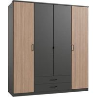Armoire de chambre - AGIA - Graphite - 4 portes battantes - 2 tiroirs - 180 x 58 x 199 cm