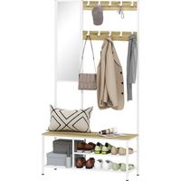 Perchero zapatero con espejo 3 estantes banco 10 ganchos ajustables 98x34x186 cm