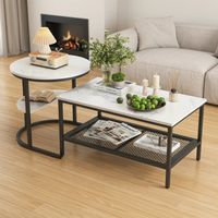 ADWOLT Lot de 2 Tables Basses Gigognes - Table d'Appoint - Cadre en Métal Noir - Plateau aspect marbre - MDF -Design moderne-80 x 46 x 41 cm et Ø52cm