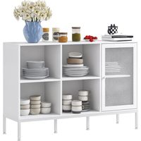 Mobile Buffet con 4 Ripiani Aperti Regolabili e Armadietto con Anta a Rete, Mobile Contenitore in Truciolato e Acciaio, 120x37x81.5 cm, Bianco
