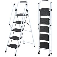 ladder, folding ladder stool, with anti slip wide pedals, steel ladder, with safety anti slip handle, lightweight 330 pound portable steel ladder stool in White 5 steps