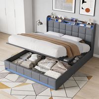Stauraumbett 160x200 cm Grau - Doppelbett mit Bettkasten, Kopfteil mit LED, Ablage und USB-Anschlüssen, Lattenrost, Polsterbett für Erwachsene