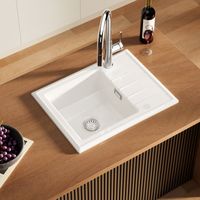 CECIPA MAX Évier de cuisine en céramique 60 x 46 cm, une cuve avec égouttoir et trop-plein, à poser, en céramique blanche